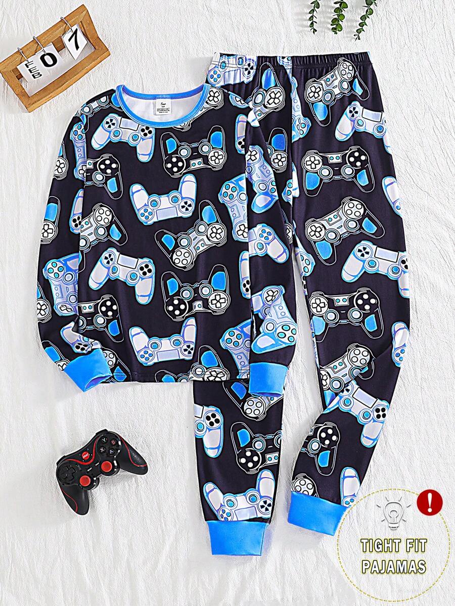 Snug Fit  Colorful Game Console Print Pajamas 1 Set Teen Boys Glow-In-The-Dark Gaming Print Snug Fit Knit Crew Neck Long Sleeve Top And Pants Pajama Set - Navy Blue - View 1