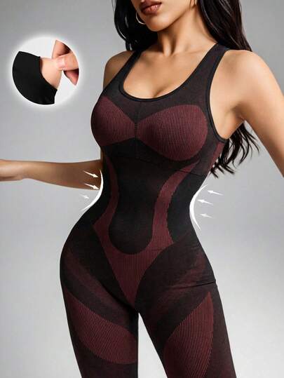 Innovista Woman Seamless Workout Jumpsuit With Built-In Bra Removable Pads Athletic Stretchy Yoga Gym Romper One Piece Sleeveless Exercise Suit With Mesh Cutout Breathable Fall Sports Tummy Control Boosting Design Daily Athleisure Overall Clothes