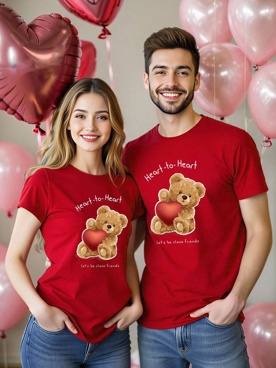Manfinity Homme Fashionable Casual Bear Hug Heart Print Men's Slim Fit Short Sleeve T-Shirt, Essential For Dates And Gatherings, Suitable As Gift For Boyfriend - Red - View 1