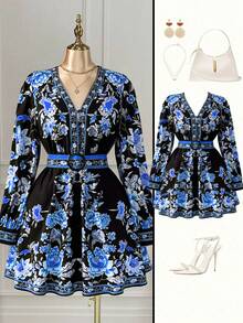 DreamSkyne 大码女装时尚百搭泰国马尔代夫海滩度假波西米亚印花收腰V领长袖中长连衣裙，秋季款 - 彩色 - 查看 1