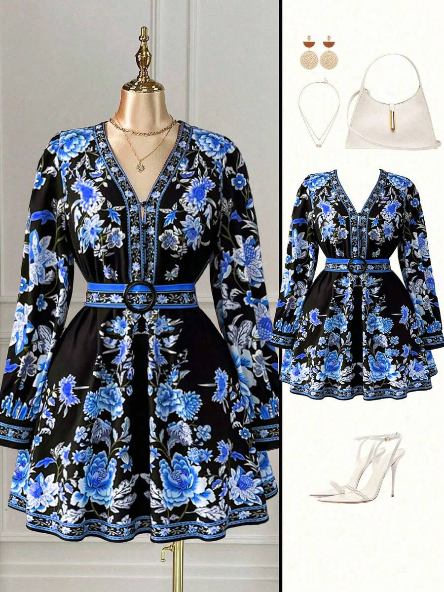 DreamSkyne 大码女装时尚百搭泰国马尔代夫海滩度假波西米亚印花收腰V领长袖中长连衣裙，秋季款 - 彩色 - 查看 1