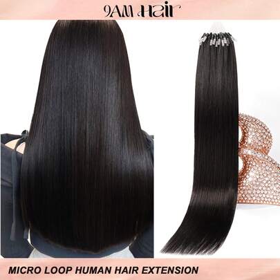 微环接发，100%真人发，NC色，自然黑，14-22英寸直发，50束/包，隐形珠加厚微环接发，带鱼线，无需胶水，易于造型，适合细软发质，沙龙级效果，所有女性适用。