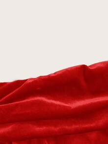 SHEIN 少女圣诞露肩丝绒长袖灯笼下摆修身连衣裙，适合万圣节、圣诞节、新年派对、正式场合，红色 - 紅色 - 查看 4