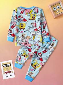 SpongeBob SquarePants | SHEIN 男婴卡通图案圆领长袖上衣和打底裤睡衣套装，秋季 - 藍色 - 查看 2