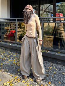 Coolane Quần dài màu xanh quân đội rộng thùng thình phong cách Hippie đường phố cổ điển thường ngày mùa hè dành cho nữ - Màu be - Xem 5