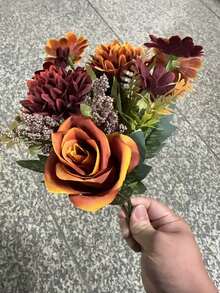 SHEIN Basic living Bó hoa giả 1/3 bông hồng lụa, cẩm tú cầu và mẫu đơn lãng mạn, hoa cầm tay bằng nhựa, trang trí ngoài trời cho đám cưới/nhà cửa/phòng ngủ/phòng khách/trang trí bàn/bó hoa cô dâu/Ngày của Mẹ - trái cam - Xem 10