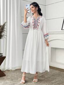 SHEIN Teen Girls'V-Neck Long Puff Sleeve White Maxi Dress,Elegant Colorful Print Adjustable Waist Tie A-Line Vintage Summer Vacation Dress,Spring&Summer - White - View 5