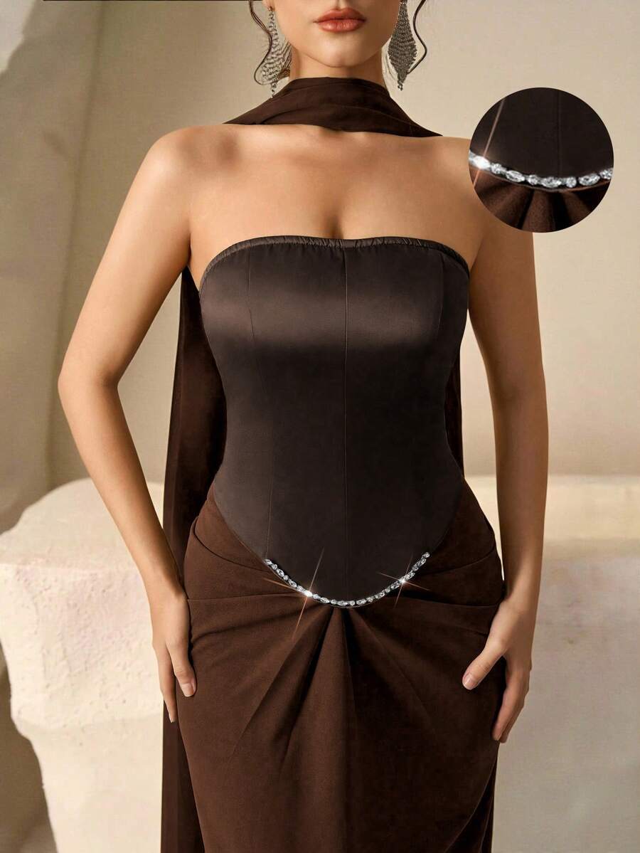 Coutiva 女士优雅水钻装饰褶皱正式晚礼服,夏季 - 棕色 - 查看 1