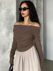 DAZY Women's Casual Solid Color One-Shoulder T-Shirt Spring - Rust Brown - View 5