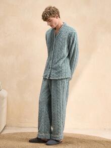 EverLounge 男士复古英伦绅士冬季提花羊毛绿色绒面复古开衫长袖套装及长裤休闲家居服 - 綠色 - 查看 2