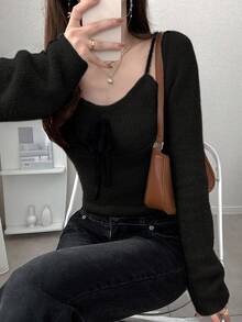 FRIFUL Women's Apricot Solid Color Inner Pocket Sleeveless Jacket, Long Sleeve Contrast Color Drawstring Bow Knit Sweater 2-Piece Set, Autumn - Black - View 5