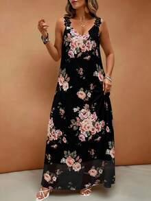 EMERY ROSE Rochie maxi cu imprimeu floral, mărime plus, cu dantelă și bretele subțiri, căptușeală din șifon, elegantă și romantică, primăvară/vară - Negru - Vizualizare 5
