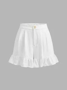 SHEIN Franclia Quần short nữ trơn màu, kiểu dáng thường ngày, có bèo nhún ở gấu, thích hợp cho mùa hè. - trắng - Xem 1