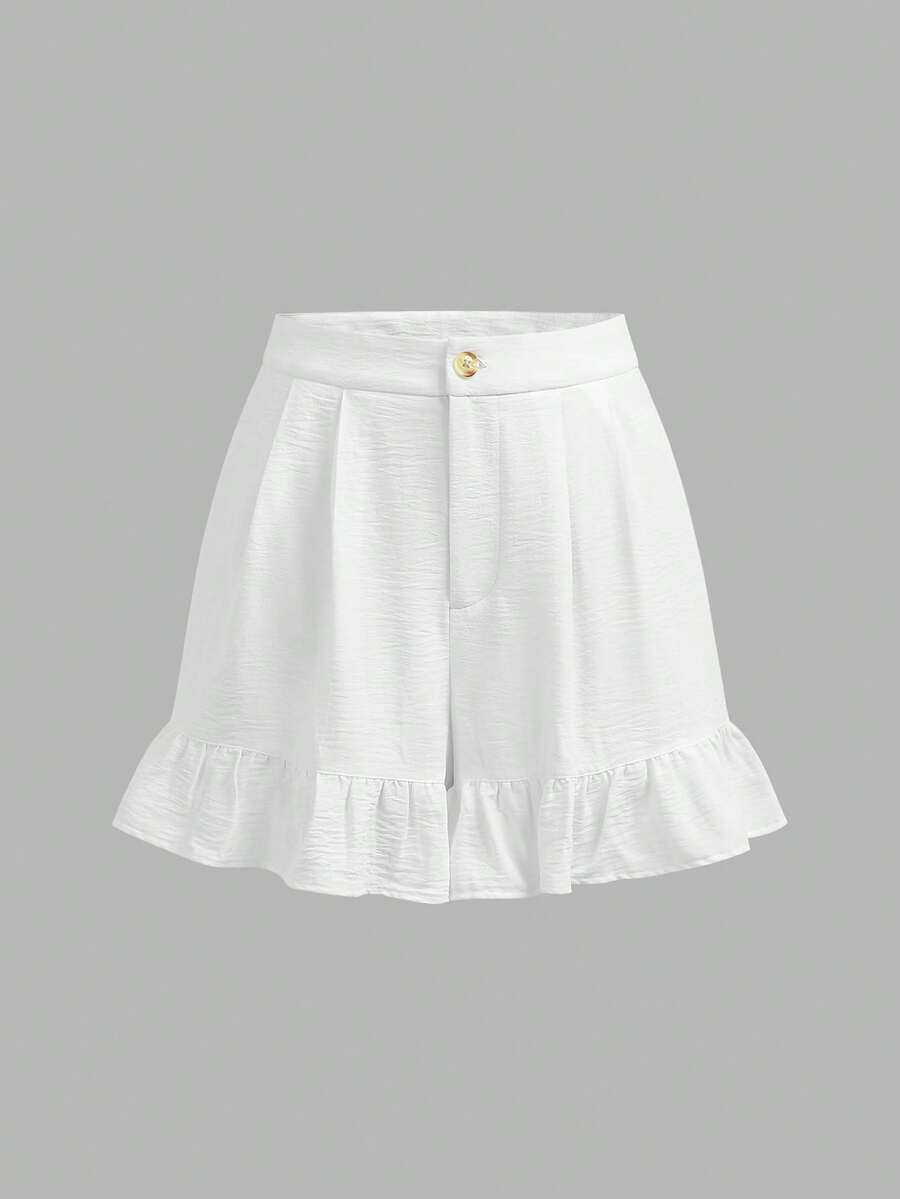 SHEIN Franclia Quần short nữ trơn màu, kiểu dáng thường ngày, có bèo nhún ở gấu, thích hợp cho mùa hè. - trắng - Xem 1