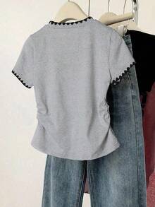 Resyla Women's Casual Graphic Tee, Summer New Design, Dog Tooth Embroidery, Bow Print, Grey, Outdoor Wear, Fitted Ruched Waist, Back To School, Teacher's Day, Versatile & Elegant, Women's T-Shirt - Grey - View 2