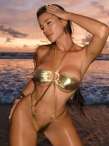 Swim SXY Women's Sexy Hollow Out One-Piece Swimsuit, Elegant Vacation Chic Minimalist Party Wear, Metallic Fabric, Suitable For Spring Break, Christmas - Gold - View 7