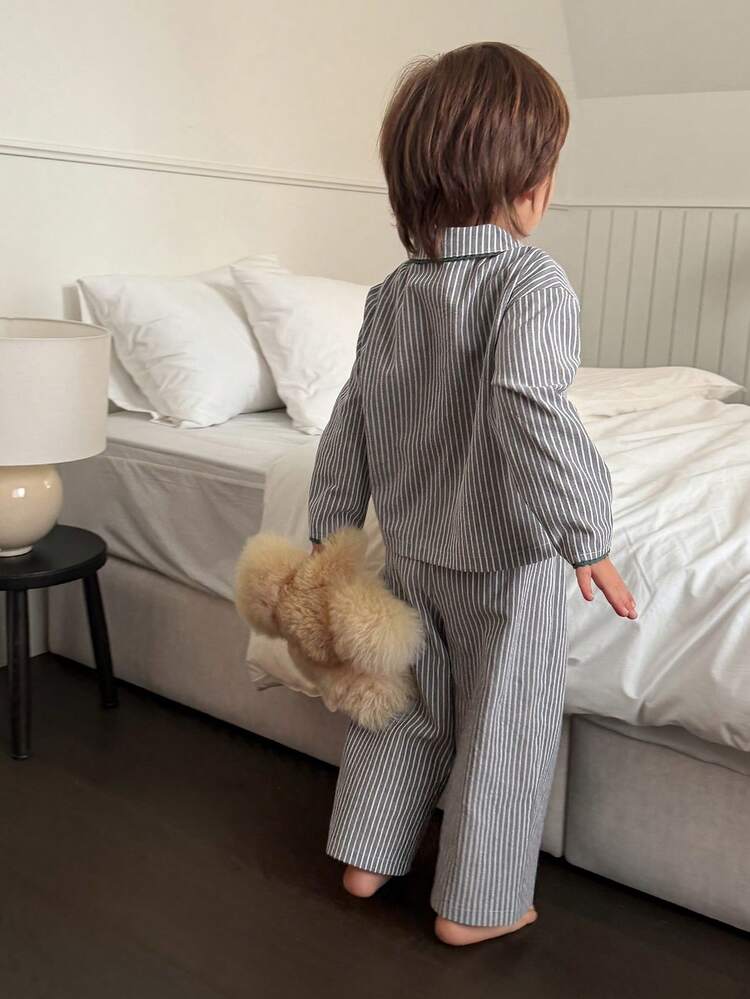 2pcs Toddler Boys' Striped Casual Long Sleeve Shirt And Pants Pajama Set