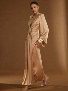 Hauture 女士低领长袖金色香槟色缎面长裙 - 棕色 - 查看 6