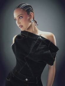 Denimoi Stacked Waist Off Shoulder Denim Mini Dress Fashionable Streetwear Denim Dress Statement Denim - Dark Wash - View 2