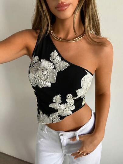 Siren Gaze Dam Enaxlad Broderad Casual Asymmetrisk Fåll Svart Topp Snygg Damblus med Blommig Broderi Asymmetrisk Svart Blus För Vår Sommar Enaxlad Topp Enaxlad Blus Blommig Crop Top Sommarkläder Sommarsemesterkläder Karnevalkostym Utekvällstoppar För Dam Svart Topp