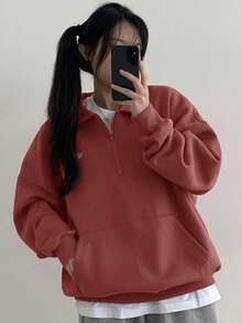 DAZY 女士翻领字母数字刺绣拉链半门襟休闲百搭度假长袖卫衣 - 棕色 - 查看 5