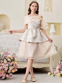 SHEIN Pitira Beautiful Beige Dress For Teen Girls Short Flounce Sleeve Asymmetrical Neck A Line Tiered Hem,Kids - Apricot - View 6