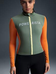 Powerista Women's Stand Collar Letter Print Zipper Front Long Sleeve Top, Casual Everyday Outdoor Cycling Wear - Green - View 3