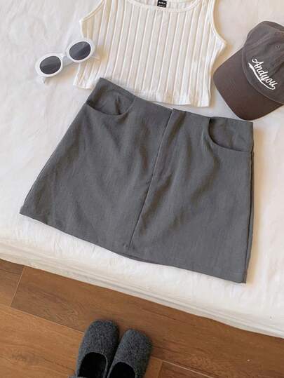 Comfortcana Plus Size Casual Loose Waist Solid Color Straight Gray Mini Skirt, Summer