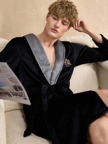 Contrast Color Shawl Collar Double Pocket Men's Robe, Autumn/Winter - Black - View 5