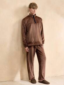 EverLounge Fleece Crew Neck Top And Pants Men's Pajama Set - Brown - View 5