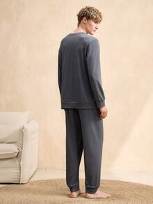 EverLounge Men's Solid Color Minimalist Daily Wear Round Neck Long Sleeve Top And Pants Pajama Set - Dark Grey - View 2