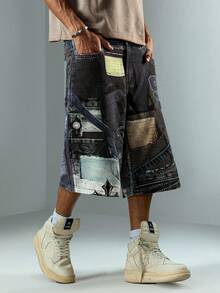 ROMWE MEN Street Life Men's Digital Dark Academy Denim Shorts - Blue - View 4