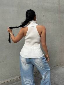 POPSWAY Blusa de cuello alto sin mangas de punto de unicolor, adecuada para primavera, verano y otoño, talla grande - Blanco - Ver 2