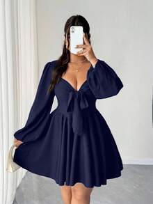 Elenzga Đầm mini đen gợi cảm buộc dây phía trước, khoét lưng dành cho nữ cỡ lớn, thích hợp cho mùa thu. - Màu xanh hải quân - Xem 3