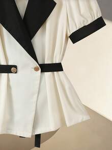 Lyxana Women's Black And White Color Block Short Sleeve Blouse,Elegant Summer Office Commute Lapel Collar Outerwear,Tie Cinched Waist Gold Decor Buttons - Black and White - View 5