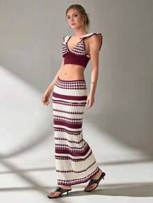 EURMUSE Women Top And Skirt Openwork Sweater Cover Up Set - Violet Purple - View 5