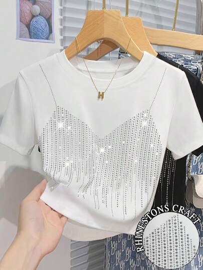 Resyla 女士上衣，钻石压纹，星空亮片高腰修身短款时尚白色圆领短袖性感T恤，2026夏季新款女式T恤，女友闺蜜送的礼物