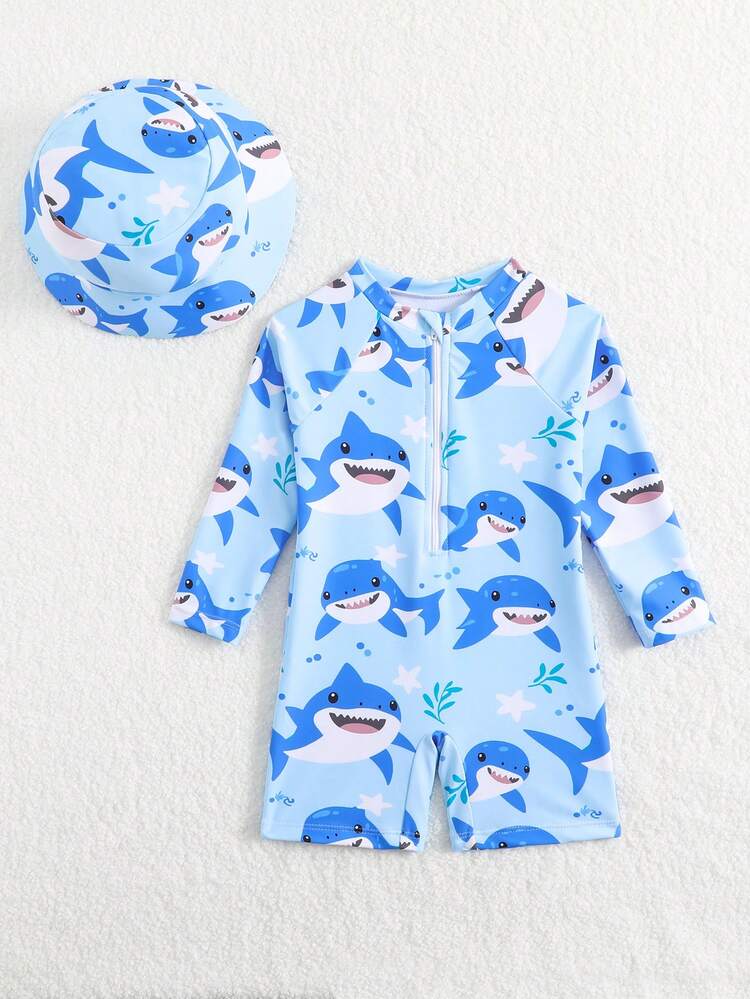 SHEIN Toddler Boys' Swimsuit, Cute Cartoon Dinosaur Print Long Sleeve One-Piece Swimwear With Sun Hat, Suitable For Summer Vacation, Beach, Surfing, Water Park Baby Boy Beach Clothes Sea Animal Baby Clothes Baby Boy Rash Guard Baby Boy Long Sleeve Swimsuit Baby Boy Beach Wear Baby Boy Swim Shirt Baby Casual Zipper Romper Boy Swimsuit Set Long Sleeve Toddler Long Sleeve Swim Under The Sea Bathing Suit Baby Boys Long Sleeve Toddler Swimsuit Baby Boy Swimsuit Zipper Baby Boy Clothes Vacation Beach Wear For Toddler Boys Baby Boy Swimsuit With Sun Hat Ocean Baby Clothes - Blue - View 5