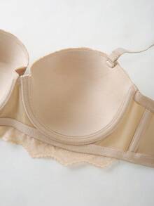 女士舒适纯色亮面光滑文胸，花朵蕾丝花边装饰，性感半罩杯钢圈提拉文胸 - 杏色 - 查看 7