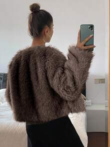 DAZY 女士时尚百搭人造毛皮开衫外套，适合度假和秋冬季节穿着。 - 棕色 - 查看 4