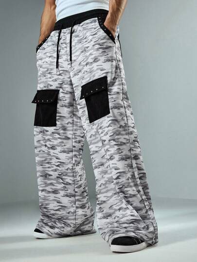 Pantaloni casual da uomo in stile mimetico con patchwork, adatti per l'autunno/inverno