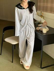 DAZY 2pcs Women Embroidered Striped Pattern Loose Cardigan Long Sleeve & Pants Pajama Set - Blue - View 6