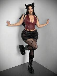 Whyspr Valentines Casual Punk Plus Size Women's Sexy Dark Punk Style Snake Pattern Sheer Mesh Hollow Out Leggings Valentines Casual Punk - Black - View 6