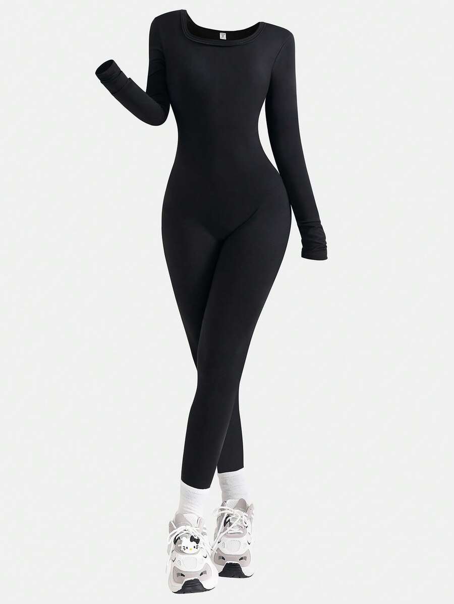 Sparklyn 2pcs/Set Teen GirlCasual All-Match Versatile Sports & Loungewear Crew Neck Skinny Knit Jumpsuit - Black - View 1