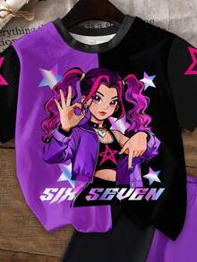 少女休闲韩流女团字母星形印花圆领短袖T恤短裤套装，适合度假、派对、日常穿着、演唱会等场合，夏季圆领T恤短裤两件套 - 彩色 - 查看 5