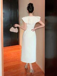 DAZY Women's Elegant Ruffled Hem Solid Color Dress, Summer Wedding Guest Dress Sundress - Beige - View 3