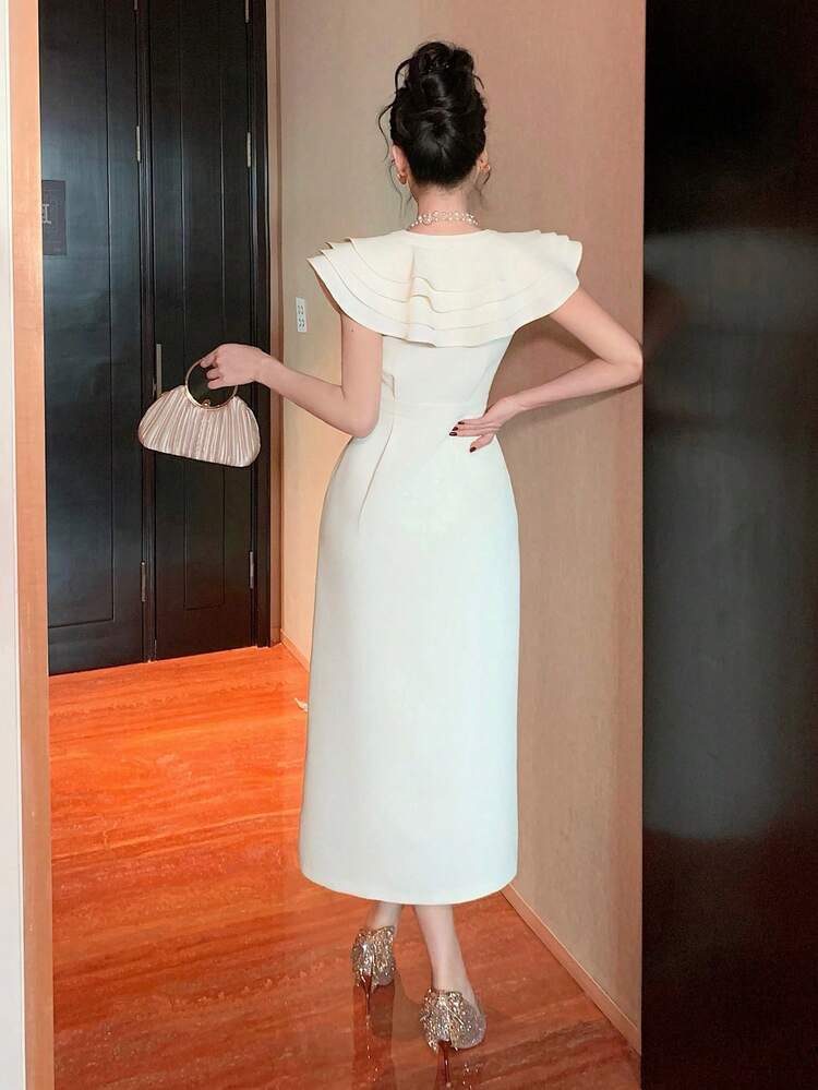 Women's Elegant Ruffled Hem Solid Color Dress, Summer Wedding Guest Dress Sundress