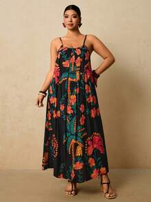 Travachic 大码女式黑色热带花卉印花连衣裙，无袖宽松版型，带口袋 - 黑色 - 查看 7