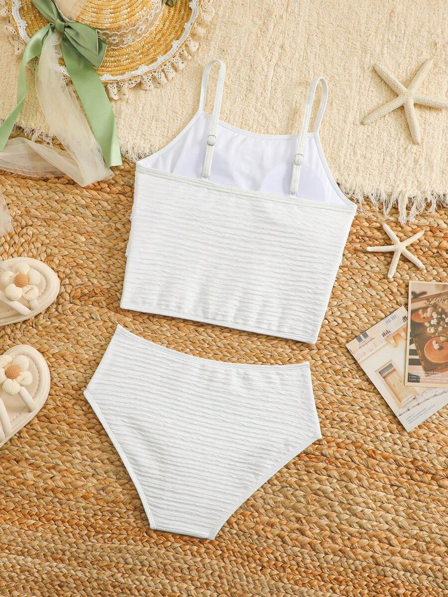 SHEIN Đồ bơi hai mảnh màu trắng dành cho bé gái, chất liệu vải đặc biệt, có viền bèo nhún, thích hợp cho kỳ nghỉ, du lịch, nghỉ mát. Đồ bơi hai mảnh cho bé gái tuổi teen, bộ đồ bơi hai mảnh mùa hè, đồ bơi cho thanh thiếu niên, bikini trắng kiểu dây mảnh không có nơ, đồ bơi hai mảnh cho kỳ nghỉ hè của bé gái.
