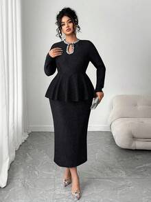 SHEIN Elenzya 大码女式优雅亮片针织水滴领亮片水钻荷叶边腰部修身长裙 - 黑色 - 查看 4